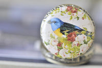 Close-up of bluebird and rose artwork on pocket watch necklace pendant