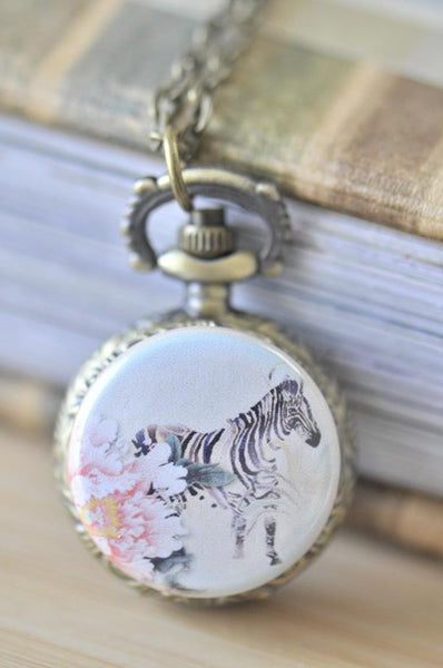 Handmade Artwork Stainless Steel Pocket Watch Necklace - Zebra and Rose