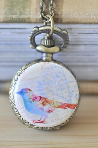 Handmade Artwork Stainless Steel Pocket Watch Necklace - Rainbow Bird and Tree