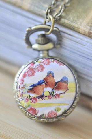 Handmade Artwork Stainless Steel Pocket Watch Necklace - Vintage Trio of Birds and Roses