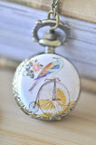 Handmade Artwork Stainless Steel Pocket Watch Necklace - Penny Farthing and Bird