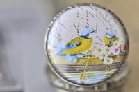 Close-up of love birds and floral pocket watch pendant design with vintage script background