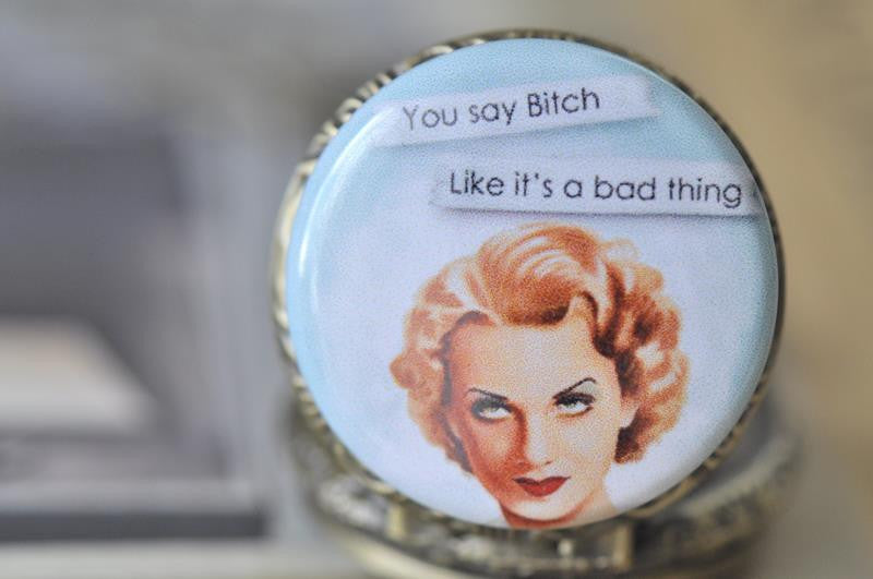 Handmade Artwork Stainless Steel Pocket Watch Necklace - Retro Pin Up Girl - You Say Bitch Like It's A Bad Thing
