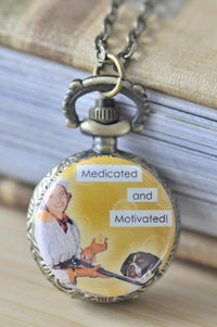 Antique bronze pocket watch necklace with retro pin up nurse and 'Medicated and Motivated!' design