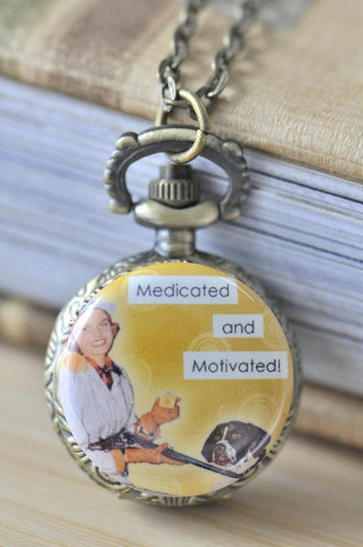 Handmade Artwork Stainless Steel Pocket Watch Necklace - Retro Pin Up Girl - Medicated and Motivated