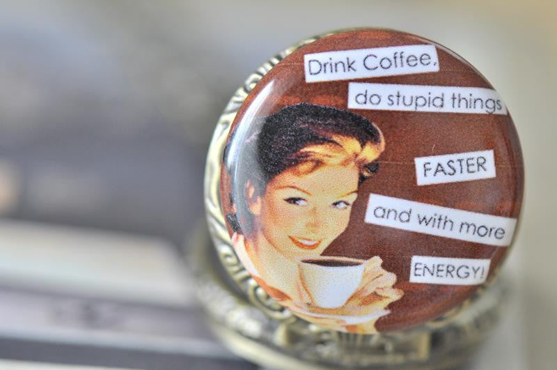 Handmade Artwork Stainless Steel Pocket Watch Necklace - Retro Pin Up Girl - Drink Coffee Do Stupid Things