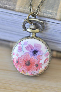 Watercolour flowers pocket watch necklace with pink and purple floral design on bronze case