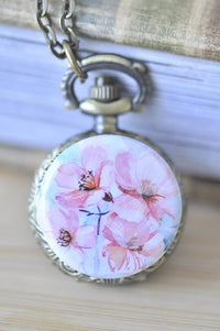 Watercolour flowers pocket watch necklace pendant with pink floral artwork and ornate bronze case