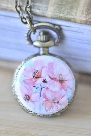 Handmade Artwork Stainless Steel Pocket Watch Necklace - Watercolour Flowers 2