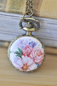 Antique bronze pocket watch necklace with pink watercolour rose and daisy design