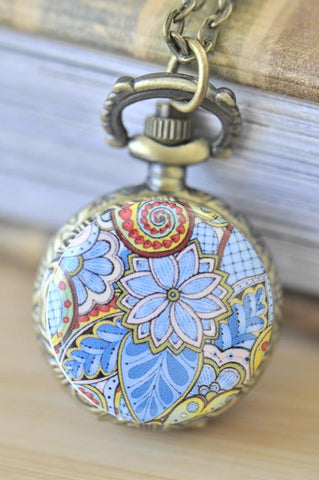 Handmade Artwork Stainless Steel Pocket Watch Necklace - Floral Ornament Swirls 2