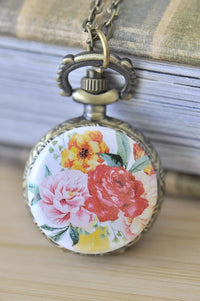 Watercolour flowers pocket watch necklace with pink and red rose design
