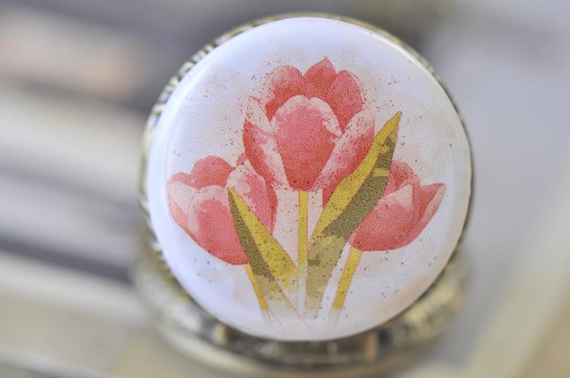 Handmade Artwork Stainless Steel Pocket Watch Necklace - Watercolour Tulips