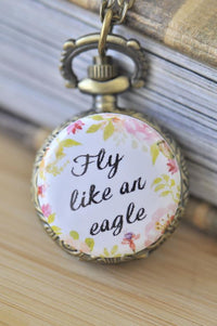Fly Like an Eagle pocket watch necklace pendant with floral watercolour design and antique bronze case