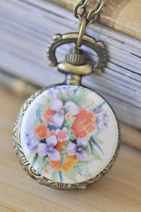Antique bronze pocket watch necklace with watercolour floral bouquet design on the front cover