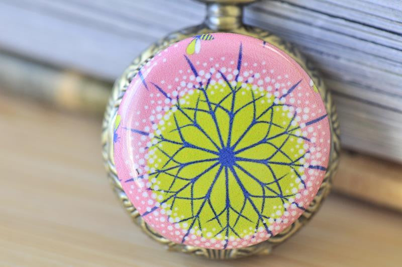 Handmade Artwork Stainless Steel Pocket Watch Necklace - Mandala Kaleidescope