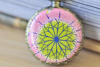 Close-up of the mandala kaleidoscope artwork on the pocket watch pendant lid