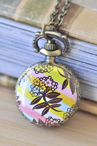 Handmade Artwork Stainless Steel Pocket Watch Necklace - Flower and Stripes