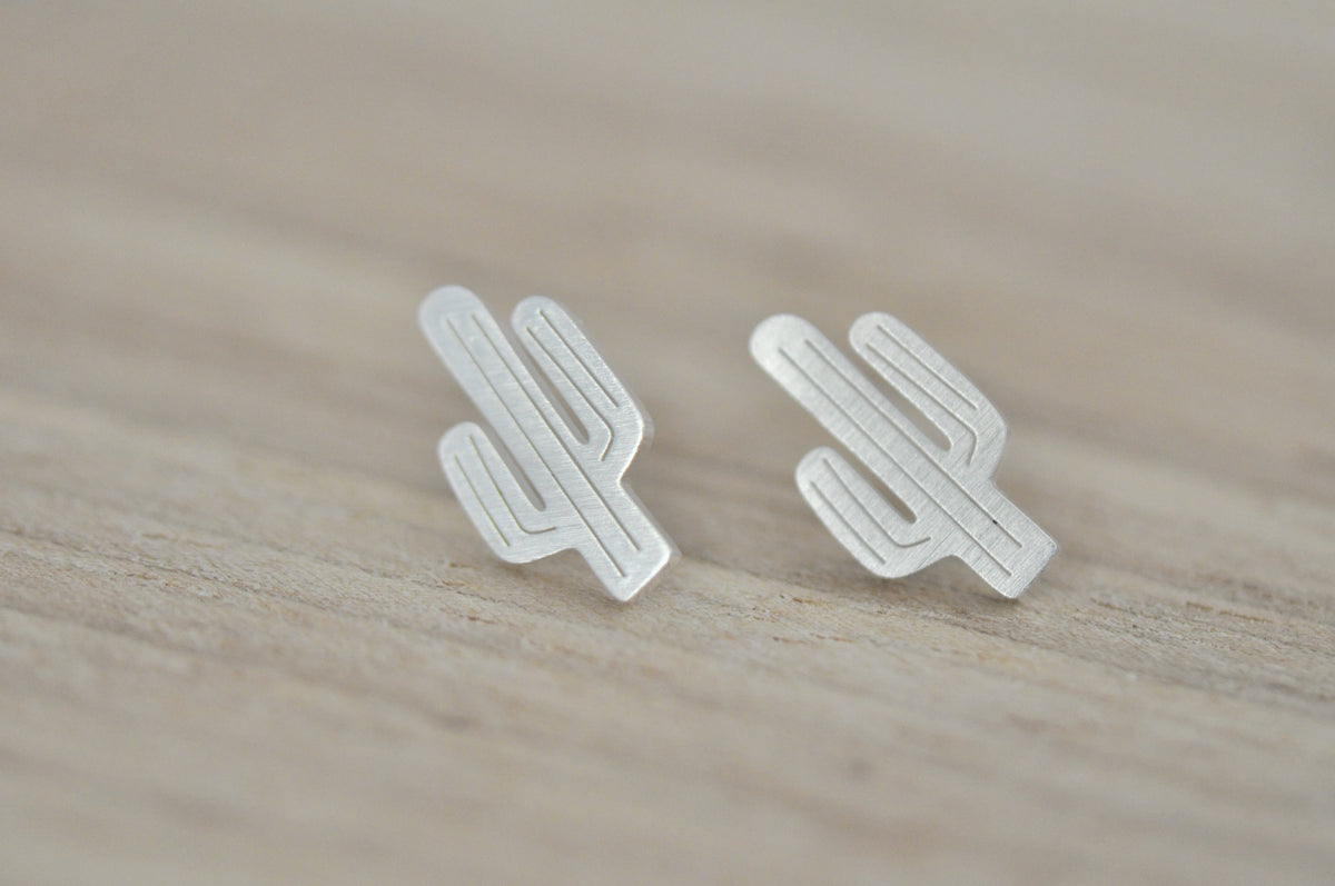 Silver - Stainless Steel Cactus Cutout Mini Dainty Minimalist Stud Earrings