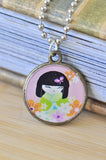 Handmade 25mm Double-Sided Glass Pendant Necklace - Japanese Kokeshi Doll and Sakura