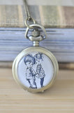Handmade Artwork Stainless Steel Pocket Watch Necklace - Boy Girl Moppet Sketch