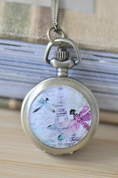 Handmade Artwork Stainless Steel Pocket Watch Necklace - Dragonfly Paris Eiffel Tower