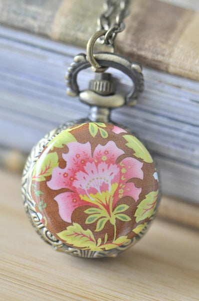 Handmade Artwork Stainless Steel Pocket Watch Necklace - Vector Flower