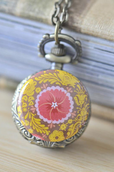 Handmade Artwork Stainless Steel Pocket Watch Necklace - Oriental Kaleidoscope Flower