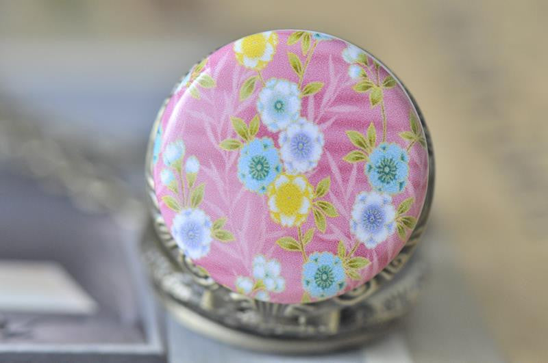 Handmade Artwork Stainless Steel Pocket Watch Necklace -Japanese Oriental Sakura Cherry Blossoms