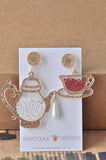 Acrylic Perspex Laser Cut Tea Pot and Tea Cup Drop Earrings - Gold