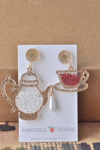 Acrylic Perspex Laser Cut Tea Pot and Tea Cup Drop Earrings - Gold
