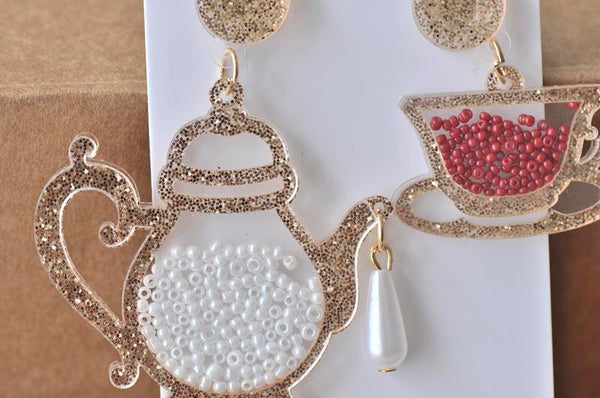 Acrylic Perspex Laser Cut Tea Pot and Tea Cup Drop Earrings - Gold
