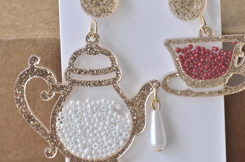 Acrylic Perspex Laser Cut Tea Pot and Tea Cup Drop Earrings - Gold