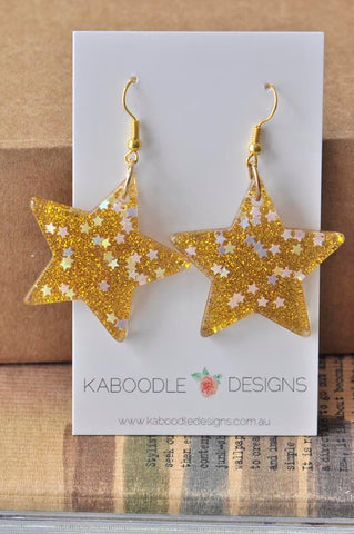 Miniature Glitter Star Dangle Drop Earrings - Gold