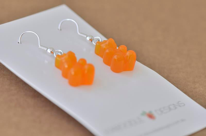 Miniature 3D Candy Lolly Gummy bear Dangle Drop Earrings - Orange