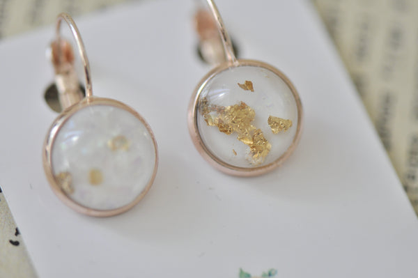 Resin Round Clip Dangle Gold Foil Earrings - White