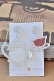 Acrylic Perspex Laser Cut Tea Pot and Tea Cup Drop Earrings - Silver