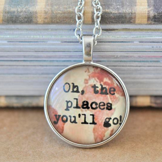 Handmade 25mm Adventure Glass Pendant Necklace - Dr Seuss Oh The Places You'll Go