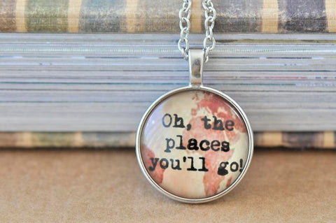 Handmade 25mm Adventure Glass Pendant Necklace - Dr Seuss Oh The Places You'll Go