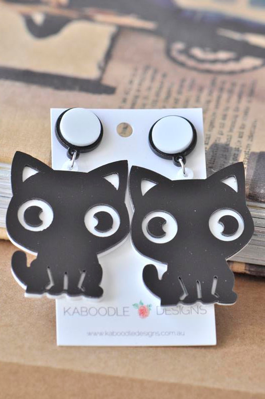 Acrylic Perspex Laser Cut Kitten Cat Drop Earrings - Black