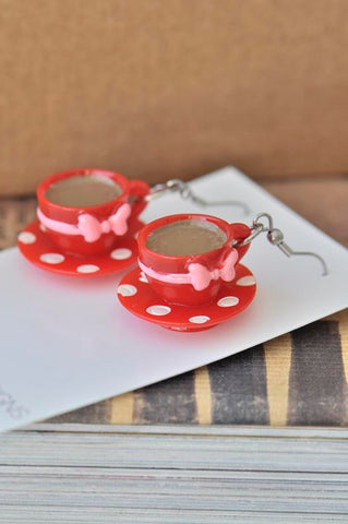 Miniature 3D Red Polkadot and Bow Teacup Coffee Tea Dangle Earrings