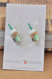 Pair of miniature iced frappe coffee cup resin earrings on Kaboodle card, front view