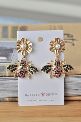 Rhinestone Bee and Flower Stud Drop Earrings