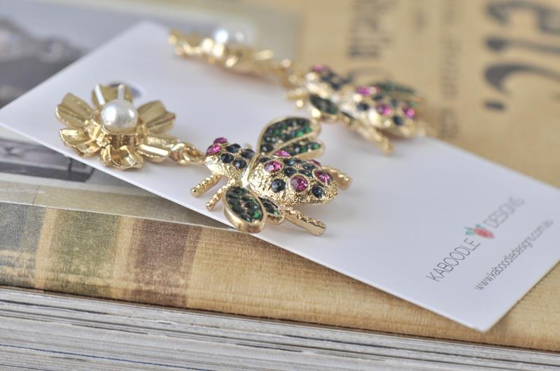 Rhinestone Bee and Flower Stud Drop Earrings