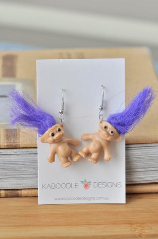 Novelty Fun Retro Trolls Dangle Drop Earrings - Purple