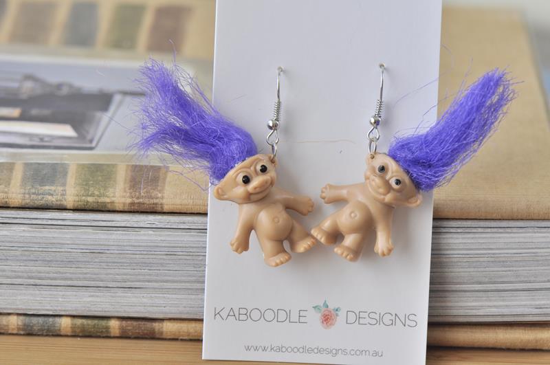 Novelty Fun Retro Trolls Dangle Drop Earrings - Purple