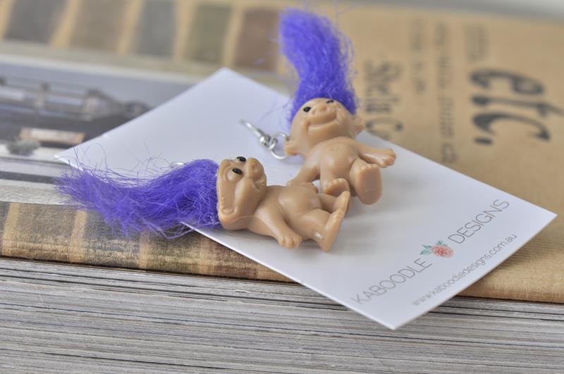 Novelty Fun Retro Trolls Dangle Drop Earrings - Purple