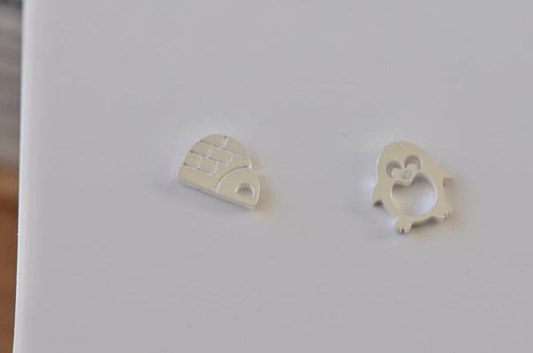 Silver - Stainless Steel Penguin and Igloo Cutout Mini Dainty Minimalist Stud Earrings