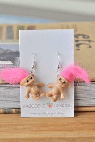 Novelty Fun Retro Trolls Dangle Drop Earrings - Pink