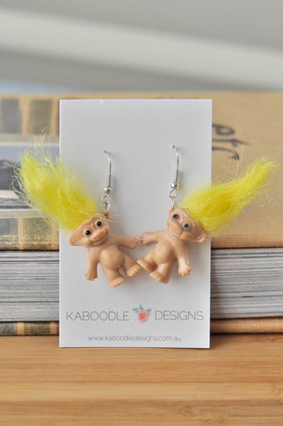 Novelty Fun Retro Trolls Dangle Drop Earrings - Yellow